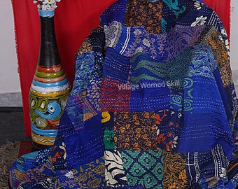 Edredón Kantha de patchwork bohemio, colcha sari vintage