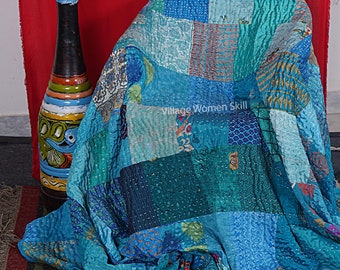 Handmade Silk Patchwork Kantha Quilt - Vintage Indian Throw Blanket