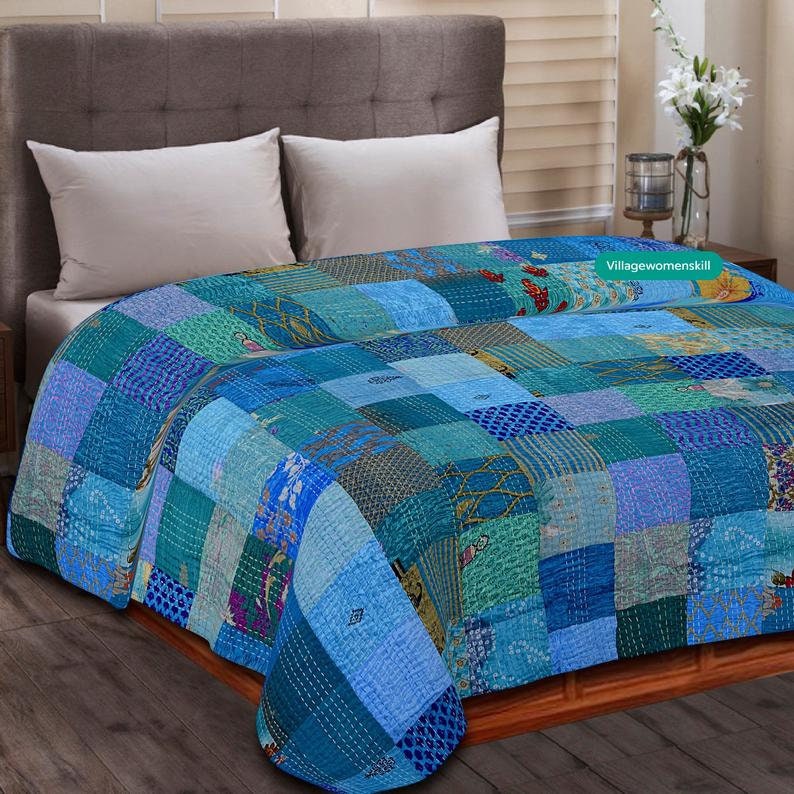 Indiano Vintage De Seda Sari Patchwork Quilt Kantha Ikat Kantha Ponto Lance Cobe