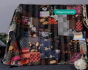 Vintage Handmade Kantha Quilt: Boho Patchwork Cotton Throw