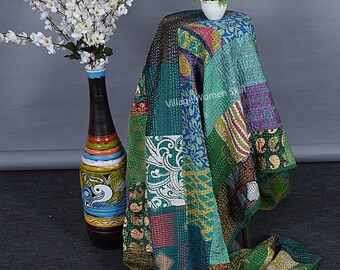 Handmade Kantha Quilt: Vintage Patchwork Bedspread, Boho King Size