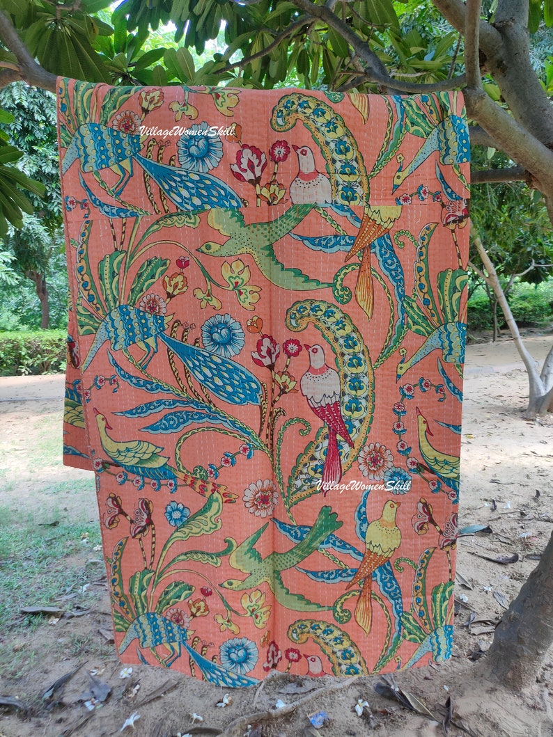 Handmade Peacock Print Kantha Quilt Indian Kantha Bedspread Kantha Bedcover Throw Cotton Blanket Kantha Boho Kantha Quilt Peach