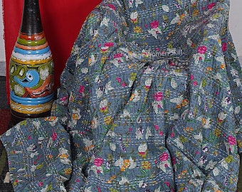 Handmade Floral Kantha Quilt: Lightweight Cotton Bedcover