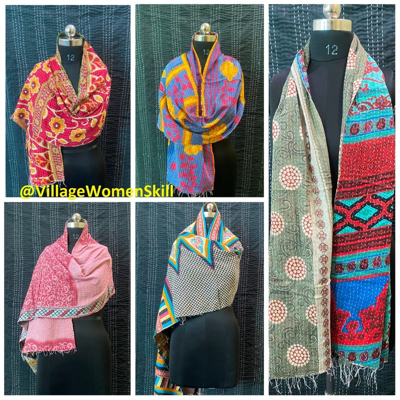 May include: Five colorful kantha quilts, each with a unique pattern and color scheme. The quilts are made of recycled saris and are perfect for adding a touch of bohemian style to any home.