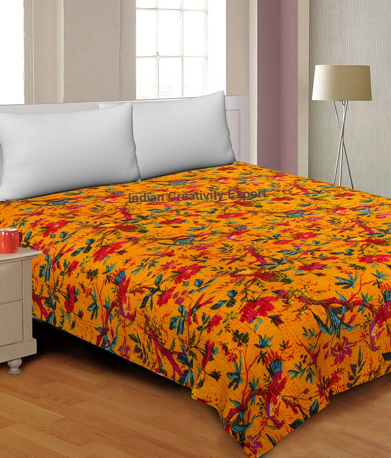 Indian Cotton Bird Print Kantha Quilt Bedding Throw Sofa Etsy