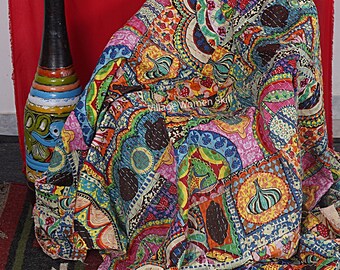 Handmade Indian Kantha Quilt: Reversible Cotton Blanket, Bohemian Coverlet