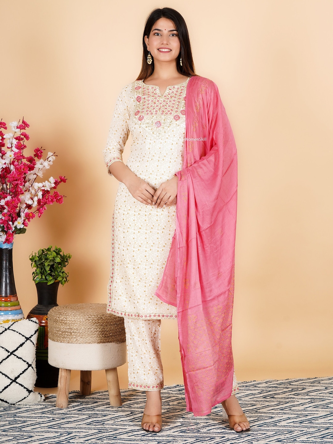 Women Multicolor Rayon Hand Beads Embroidered Kurta with pant & Dupatta
