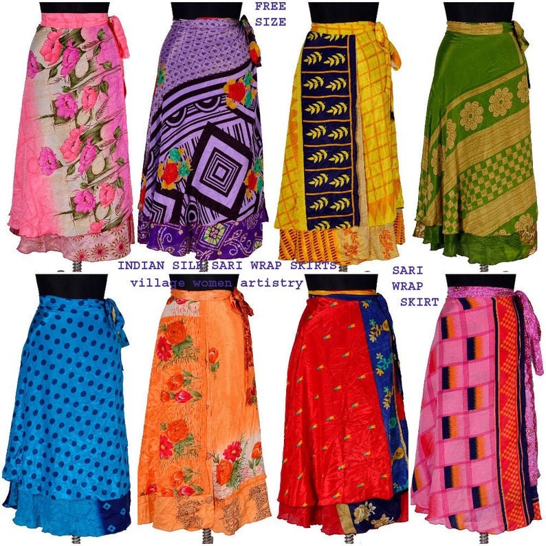Bohemian Vintage Art Silk Sari Skirt Women's Magic Wrap | Etsy