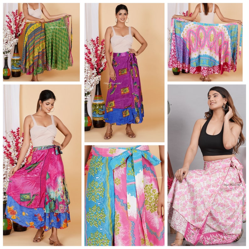 5 Pc Lots 48 Inches waist and 36 inches long silk skirts Indian Vintage Silk Wrap Skirts Wholesale Lot Assorted Colors image 7
