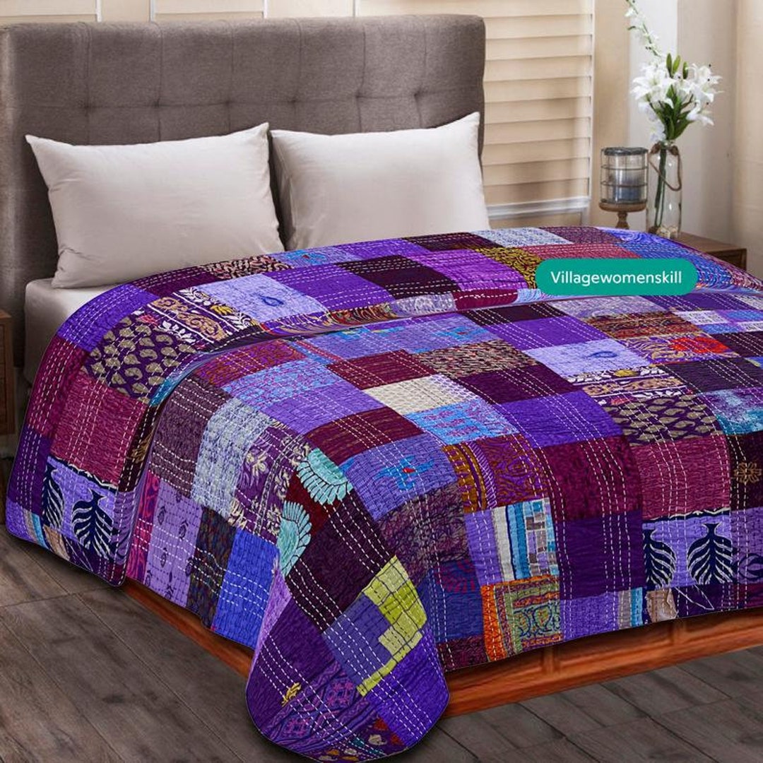 Patchwork Quilt Bohemian Kantha Quilt Handmade Vintage Silk Quilts King