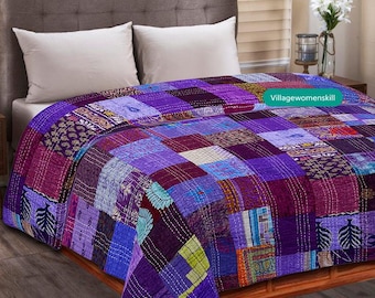 Handmade Patchwork Kantha Quilt: Vintage Silk Bedspread, King Size