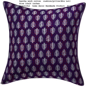 May include: Purple cotton cushion cover with a white leaf pattern. The cushion is 16 inches by 16 inches. Kantha work cotton cushion/pillow (Mix Lot) Size 16x16 inches Beautiful home decor Handmade Product Pics