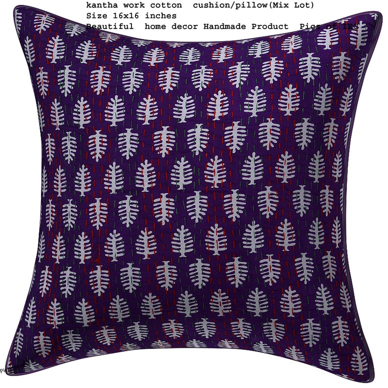 May include: Purple cotton cushion cover with a white leaf pattern. The cushion is 16 inches by 16 inches. Kantha work cotton cushion/pillow (Mix Lot) Size 16x16 inches Beautiful home decor Handmade Product Pics