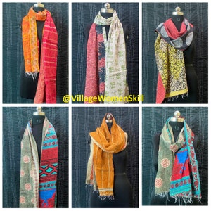 May include: Six different colorful kantha scarves with various patterns and designs. The scarves are displayed on mannequins with the text "@VillageWomenSkill" in the center.