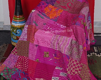 Handmade Patola patchwork Quilt Double Bedspread Throw Blanket Quilt,Silk Patchwork Kantha Quilt,Indian Vintage Silk Bedspread throw.