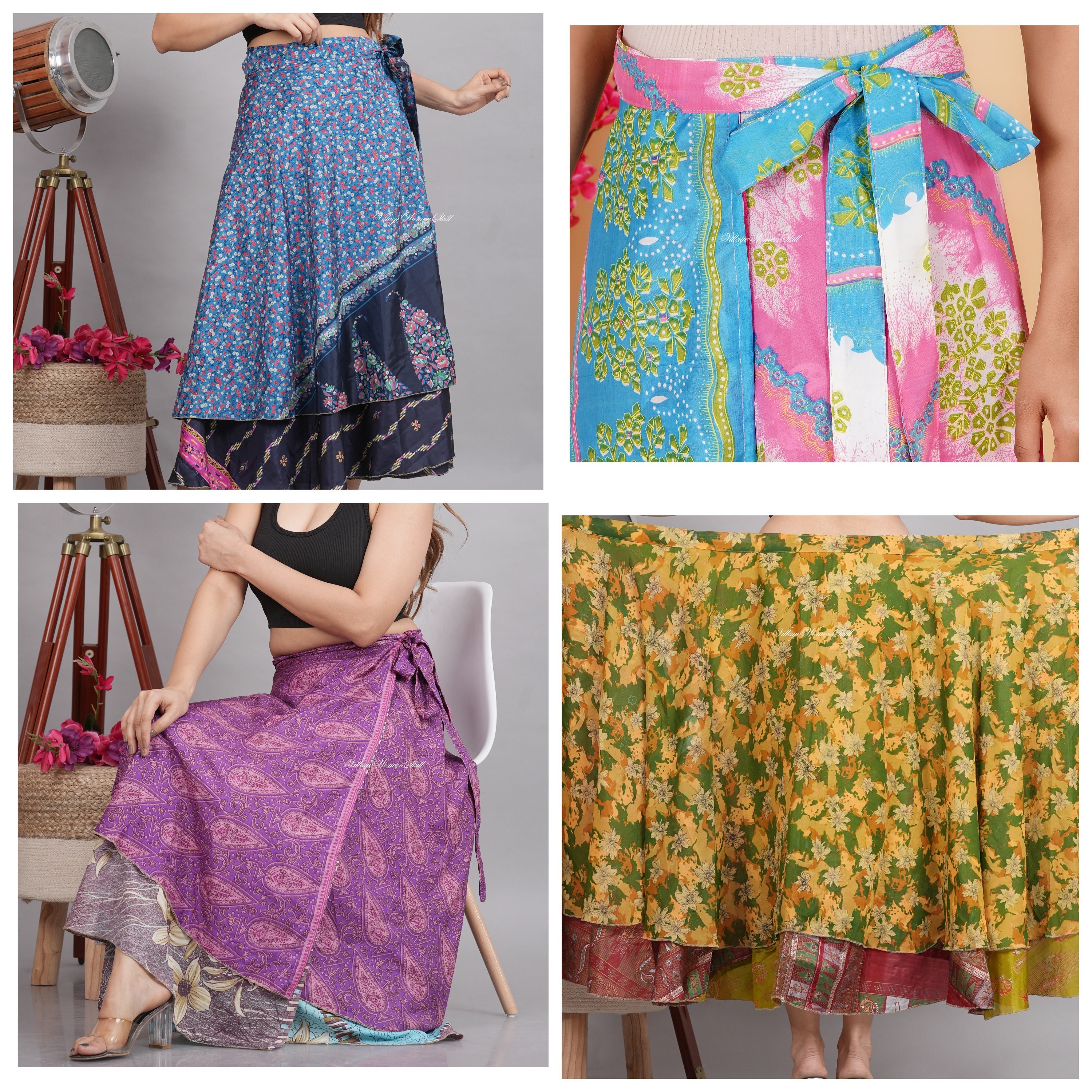 Amazon.com: Wholesale Two Layer Women's Silk Sari Magic Wrap Around Skirts  Vintage Silk Sari Long Boho Assort Skirt (10 pcs) : Clothing, Shoes &  Jewelry