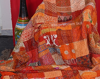 Handmade Vintage Silk Kantha Quilt, Bohemian Patchwork Bedspread