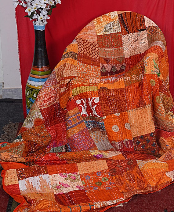 Handmade Vintage Silk Kantha Quilt, Bohemian Patchwork Bedspread