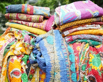 couette vintage Kantha, couvre-lit bohème réversible fait main, jeté en coton