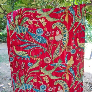 Handmade Peacock Print Kantha Quilt Indian Kantha Bedspread Kantha Bedcover Throw Cotton Blanket Kantha Boho Kantha Quilt Red