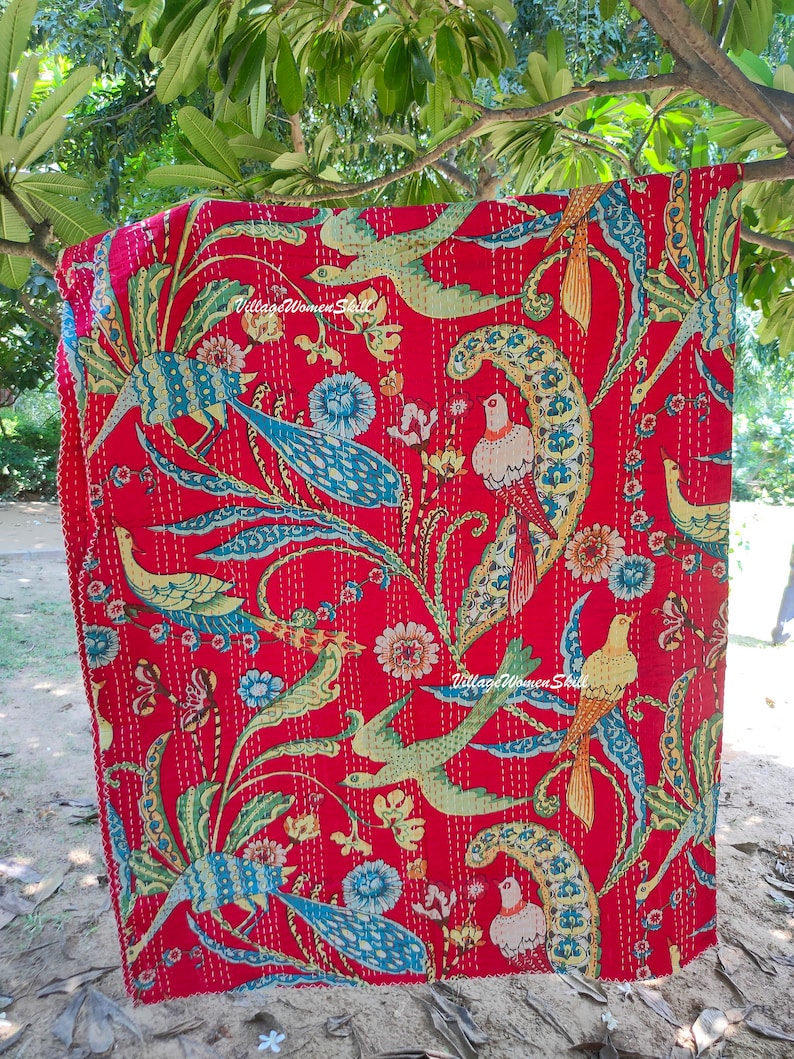 Handmade Peacock Print Kantha Quilt Indian Kantha Bedspread Kantha Bedcover Throw Cotton Blanket Kantha Boho Kantha Quilt Red