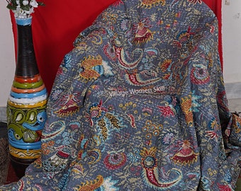 Handmade Indian Kantha Quilt: Lightweight Cotton Bedspread