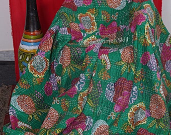 Floral Cotton Quilted Blanket, Twin Indian Kantha Bedspread