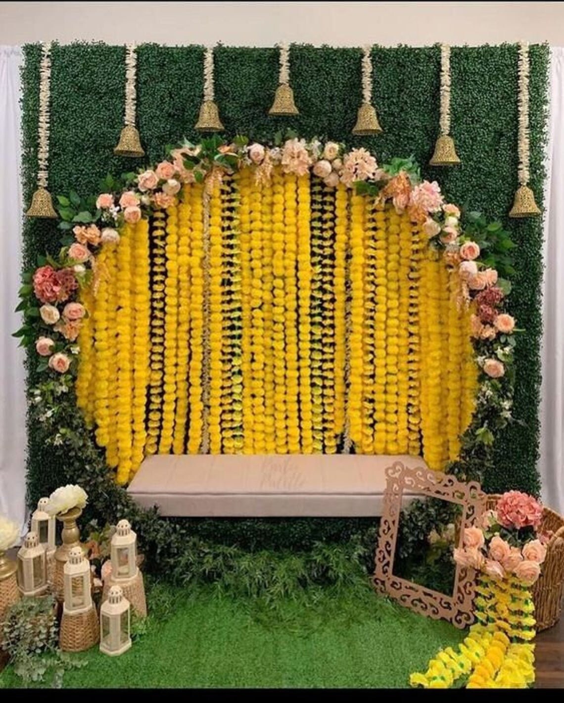 Ashvath Banana leaf with Marigold flower Decoration Backdrop Cloth for Pooja Decoration Background Curtain Cloth for PoojaFestival FabricPolyester Taiwan fabric size 5 Feet Height and 8 Feet width5 8