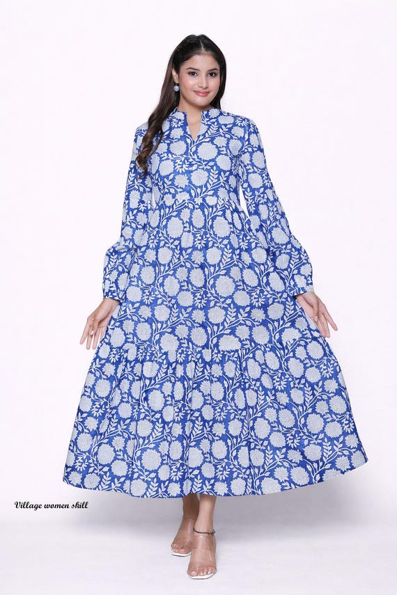 cool cotton dresses for women Blue Boho Dress Puff Sleeve Cottagecore Outfit Beach Wear CEO Capsule Color:Bone 1950s plaid cotton open V neck