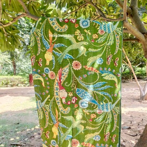 Handmade Peacock Print Kantha Quilt Indian Kantha Bedspread Kantha Bedcover Throw Cotton Blanket Kantha Boho Kantha Quilt Mahndi Green