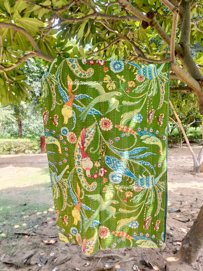 Handmade Peacock Print Kantha Quilt Indian Kantha Bedspread Kantha Bedcover Throw Cotton Blanket Kantha Boho Kantha Quilt Mahndi Green