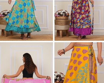 Vintage Indian Art Silk Wrap Skirt, Reversible Bohemian Maxi Skirt