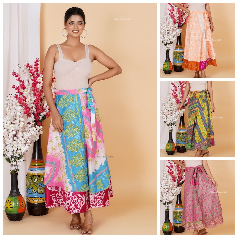 Wholesale of Vintage Indian Silk Wrap Skirts Bohemain Wrap Skirt Summer Long Maxi Handmade Skirt image 4