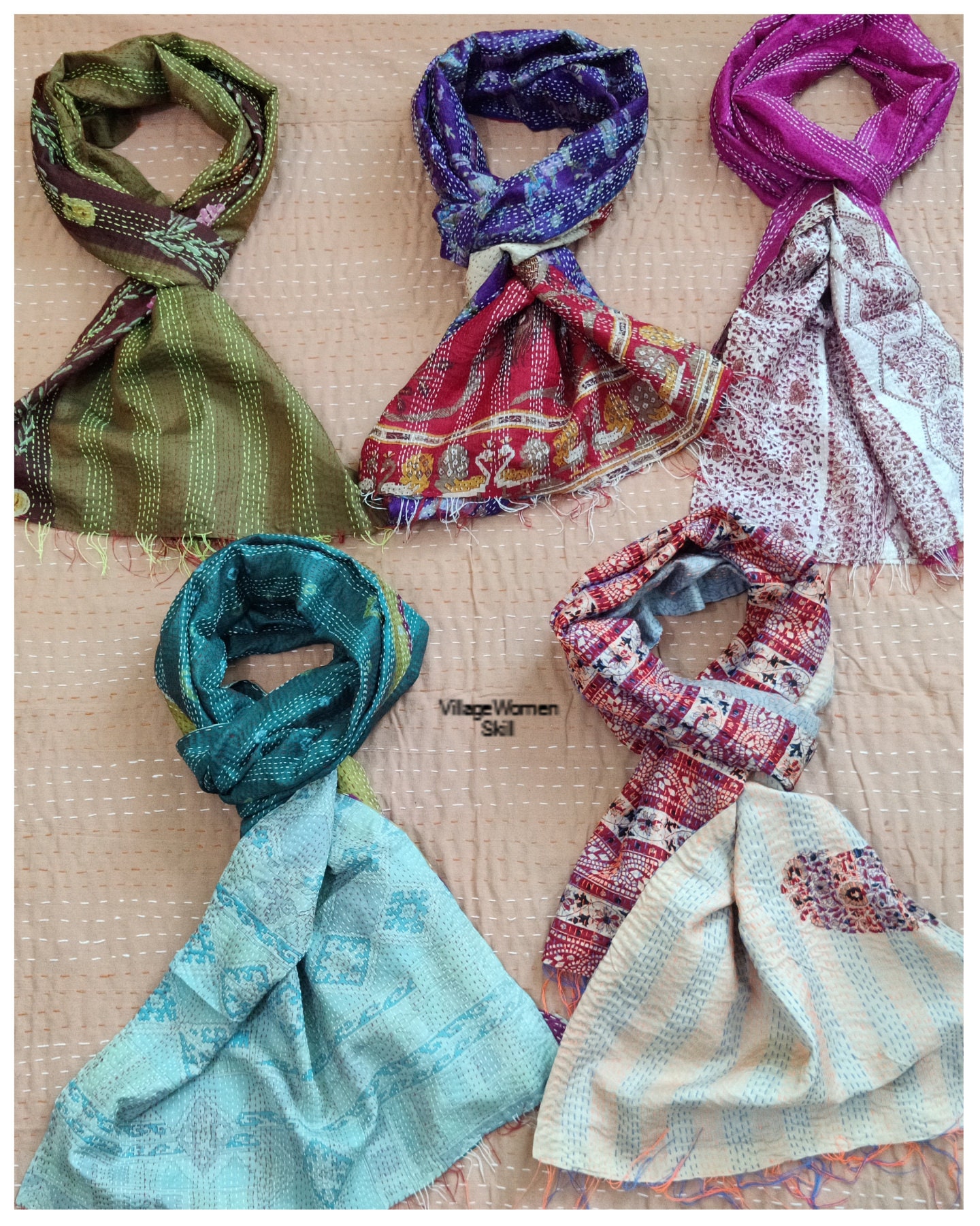 Unique Recycled Vintage Indian Silk Handmade Kantha Scarf/shawl