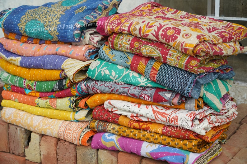 5 PC Hand stitched Quilts Throw and Bed cover kantha quilt Bohemian home decor indian vintage kantha quilt image 8