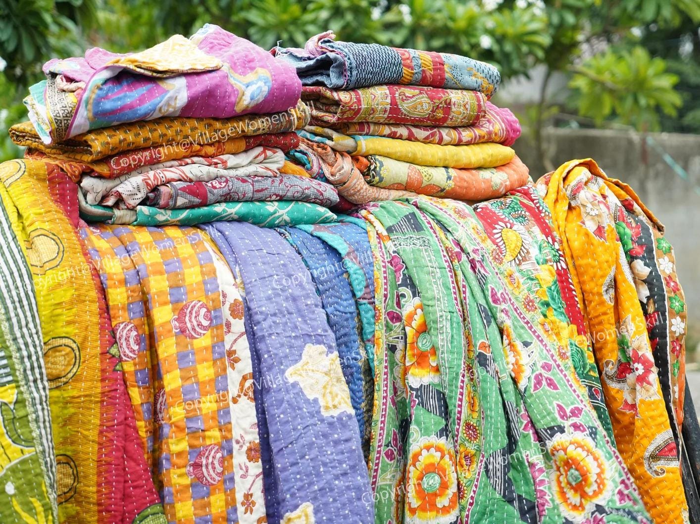 Couvre-Lit Kantha Patchwork Matelassé Tribal - Style Vintage Indien Bohémien Fait Main Queen
