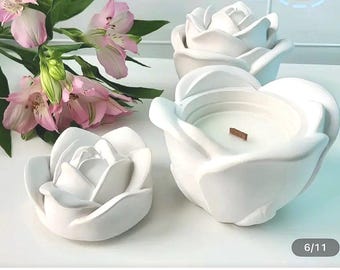 Vela de coco y soja con forma de rosa / Vela ecológica de lujo / Cera de soja vertida a mano / Recipiente de cerámica reutilizable / Regalo de decoración sostenible para el hogar