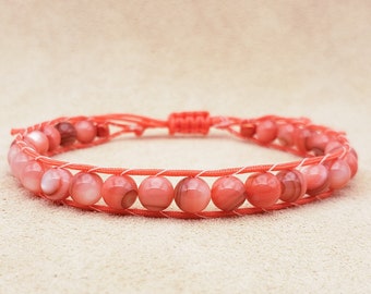 Pink Coral Bead Bracelet, Adjustable Boho Salmon Color Shell Bead Bracelet, Colorful Beach Bracelet Ready for Summer, Round Shell Beads