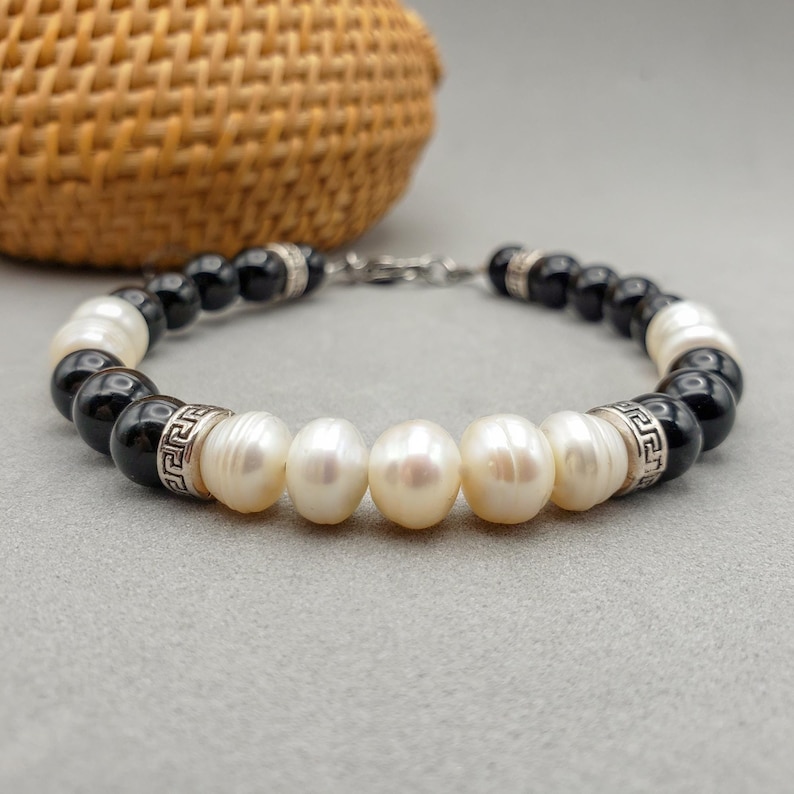 Pearl Bracelets For Men.Men's Pearl Bracelet W/ Black Onyx Beads, Cultured Pearl Bracelet for ...
