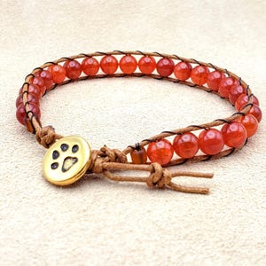 Fire Agate Beaded Bracelet with Paw Print Button, Pet Lover Jewelry, Boho Wrap Style