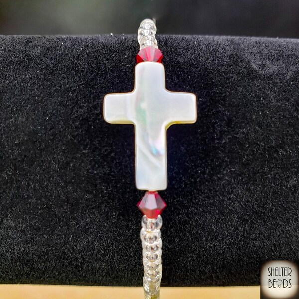 Birthstone Cross Bracelet, Stretchy White Cross Bracelet w/ Birthstone Choice, Sideways Cross Teen Christian Bracelet, Shell & Crystals