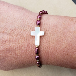 Shell Cross Bracelet: Burgundy Beaded Christian Bracelet, Stretchy Delicate Cross Pink Beaded Bracelet