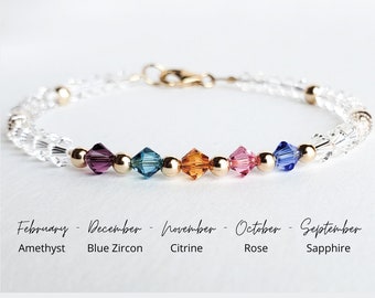 14K Gold Filled Family Birthstone Bracelet: Swarovski Crystal Jewelry, Personalized Gift for Mom, Wife and Grandma, Sentimental Keepsake