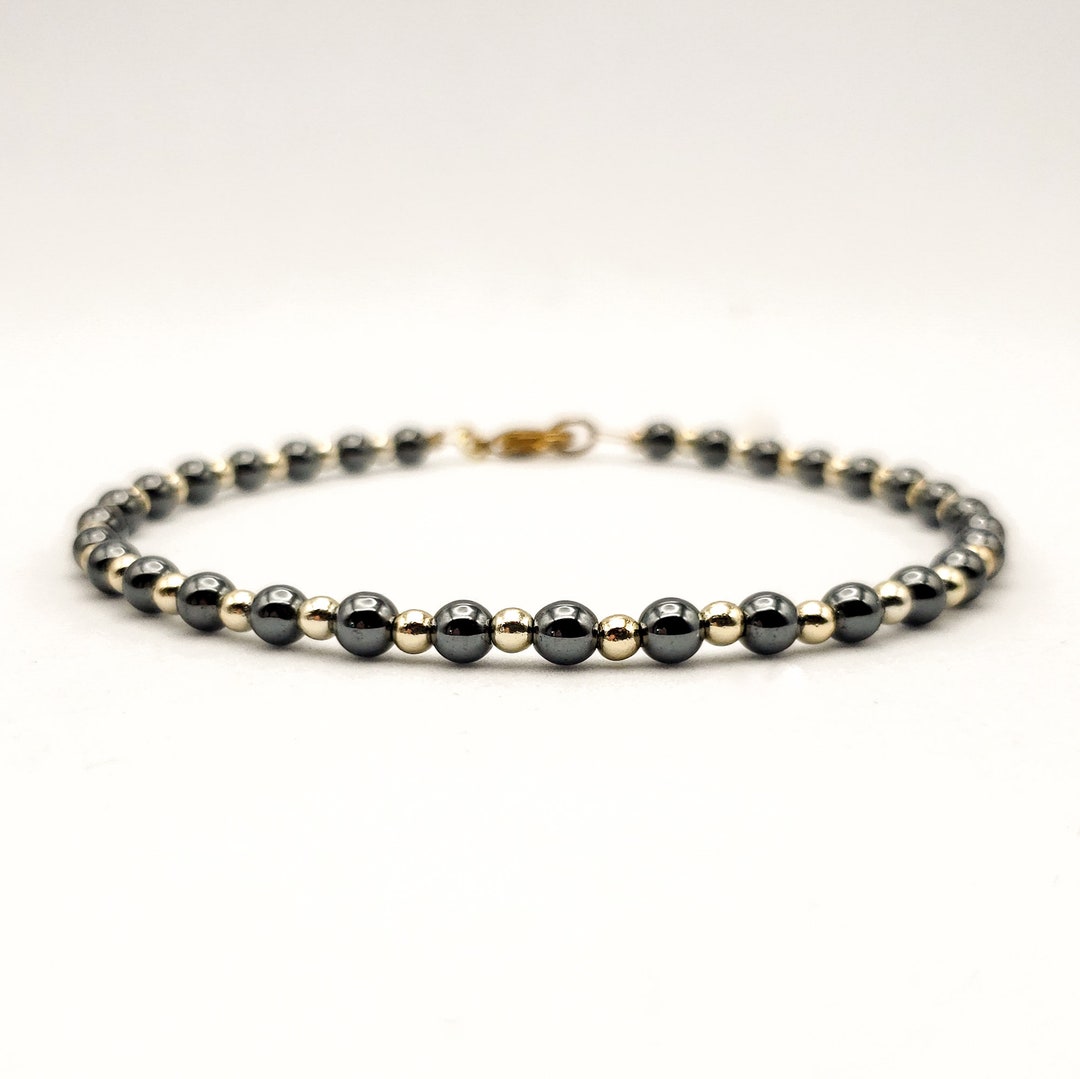 Hematite Bracelet Dainty Beaded for Women, Gold Spacer Beads, Small ...