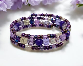 Purple Memory Wire Bracelet: Multi-Strand Beaded Wrap