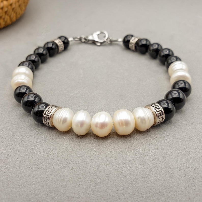 Pearl Bracelets For Men.Men's Pearl Bracelet W/ Black Onyx Beads, Cultured Pearl Bracelet for ...