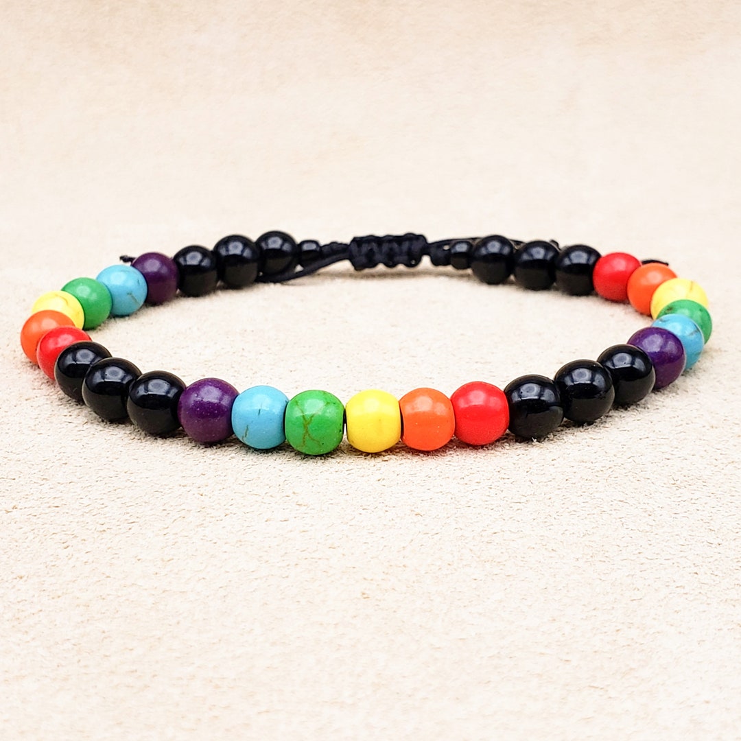 Rainbow Beaded Pride Bracelet: Adjustable Nylon Cord, LGBTQIA+ Jewelry ...