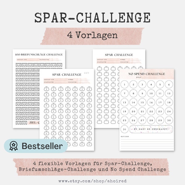 Spar Challenge, No Spend Challenge, Euro, flexibler Betrag, Umschlag Challenge, Minimalistisches Design, PDF Download, Ausdrucken, deutsch