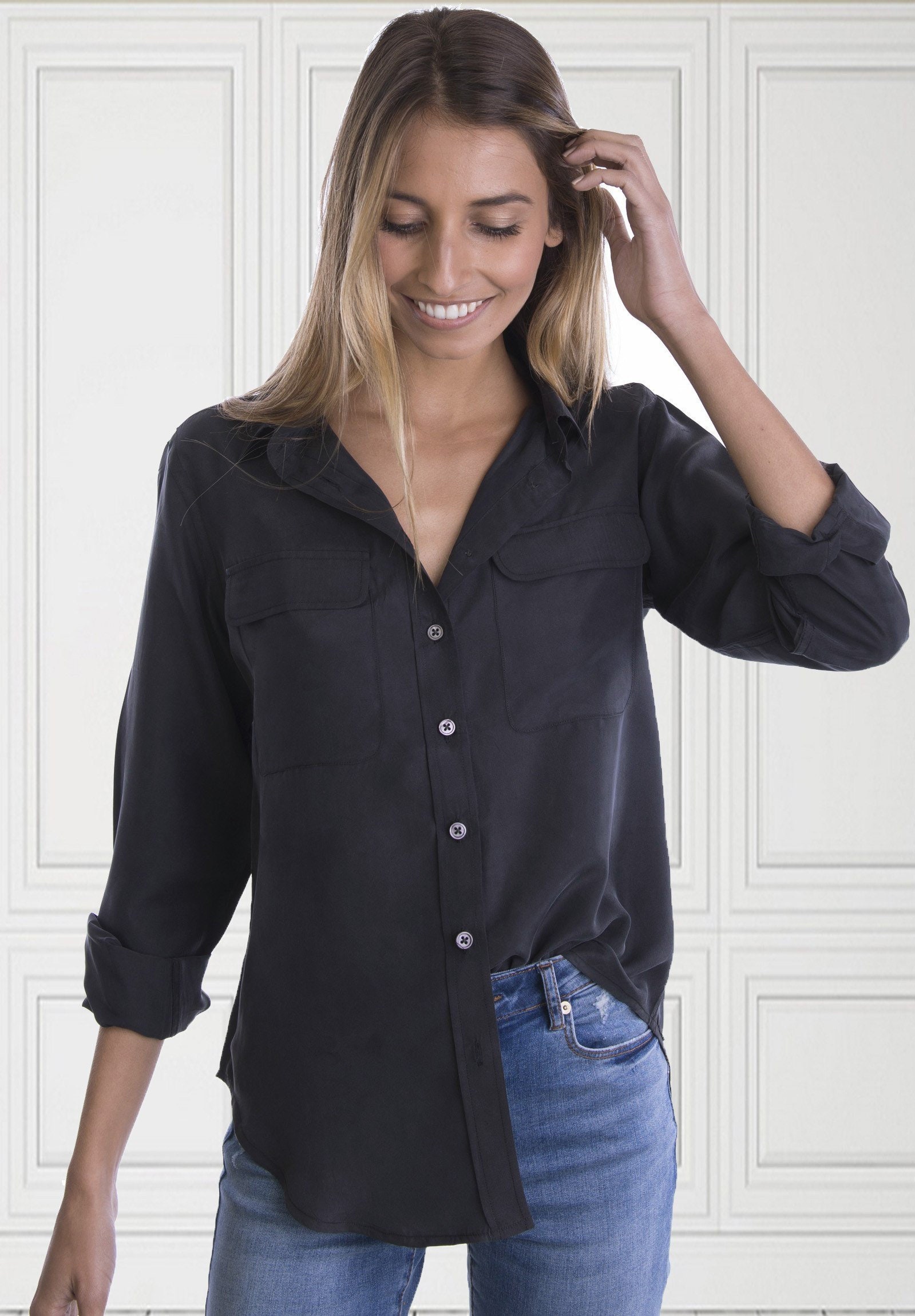 Silk Shirt for women Black Silk Blouse 100 Sand Washed Etsy