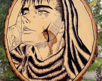 Portrait brûlé sur bois - Guts